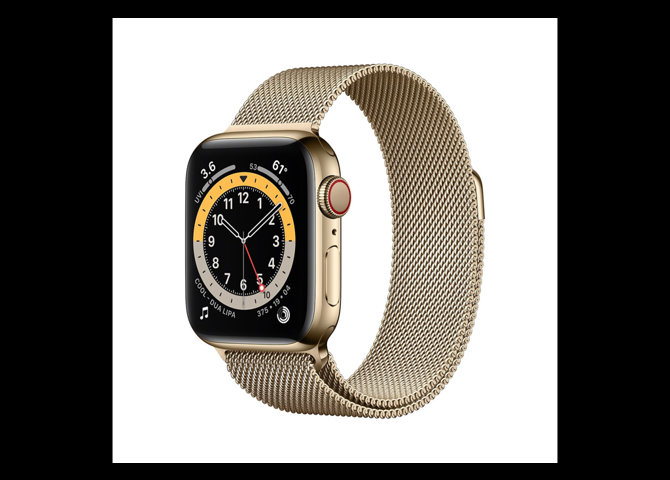 خرید اینترنتی اپل واچ سری 6 (Apple Watch S6) استیل سلولار طلایی با بند میلانس لوپ